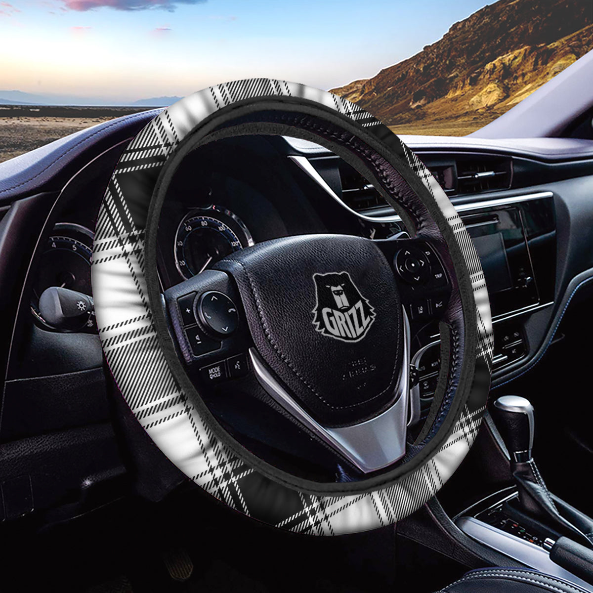 Border Tartan White And Black Print Pattern Car Steering Wheel Cover-grizzshop