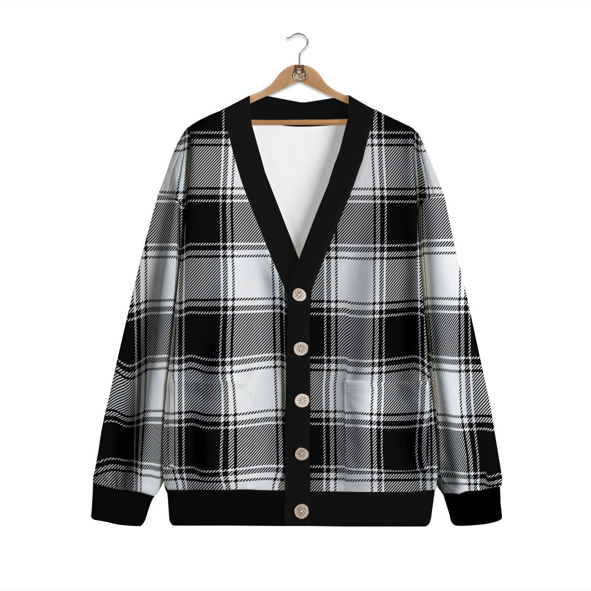 Border Tartan White And Black Print Pattern Cardigan-grizzshop