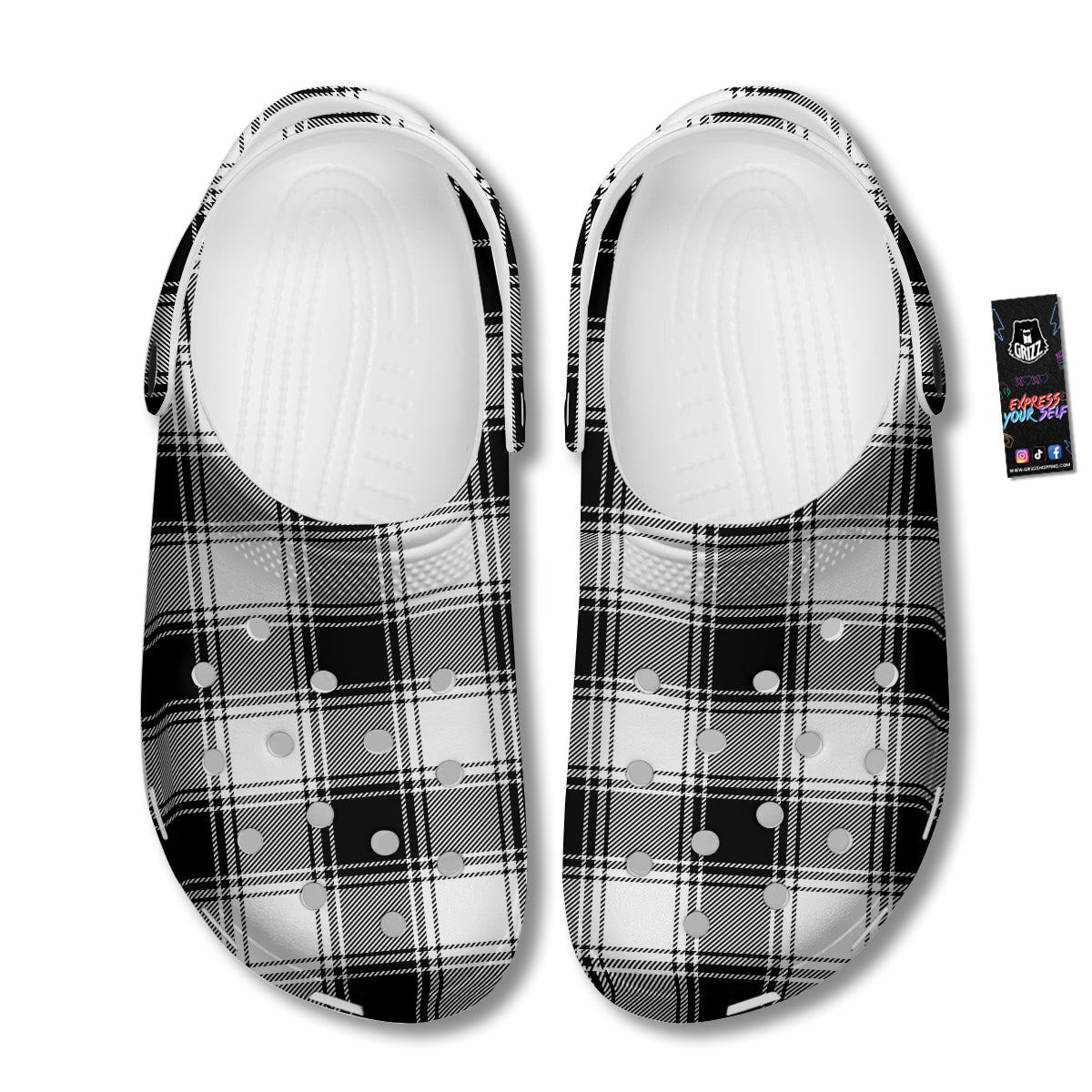 Border Tartan White And Black Print Pattern Clog-grizzshop
