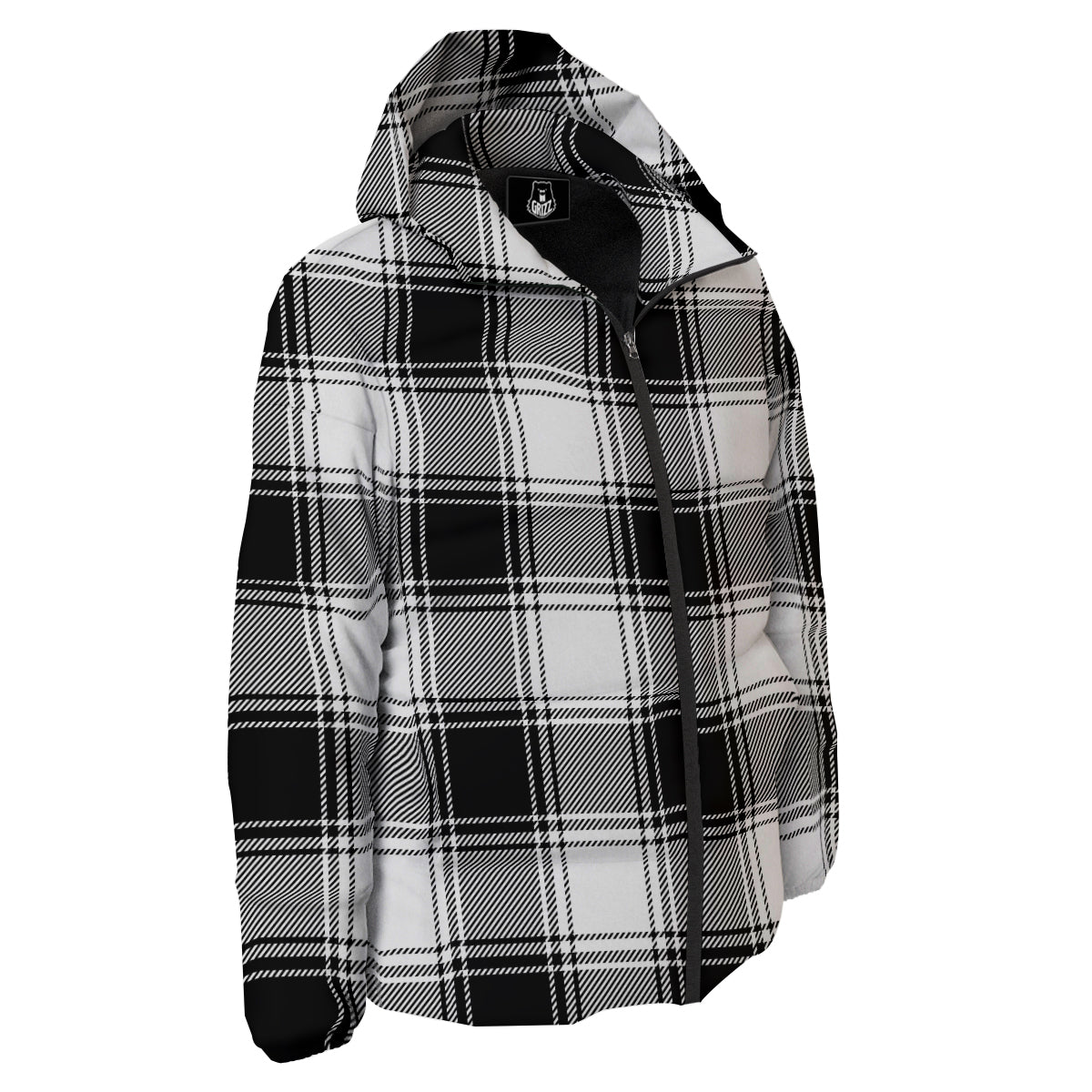 Border Tartan White And Black Print Pattern Down Jacket-grizzshop