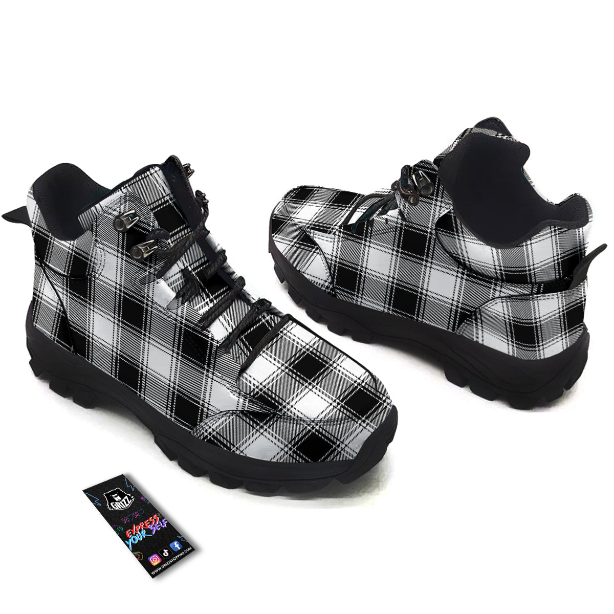 Border Tartan White And Black Print Pattern Hiking Shoes-grizzshop