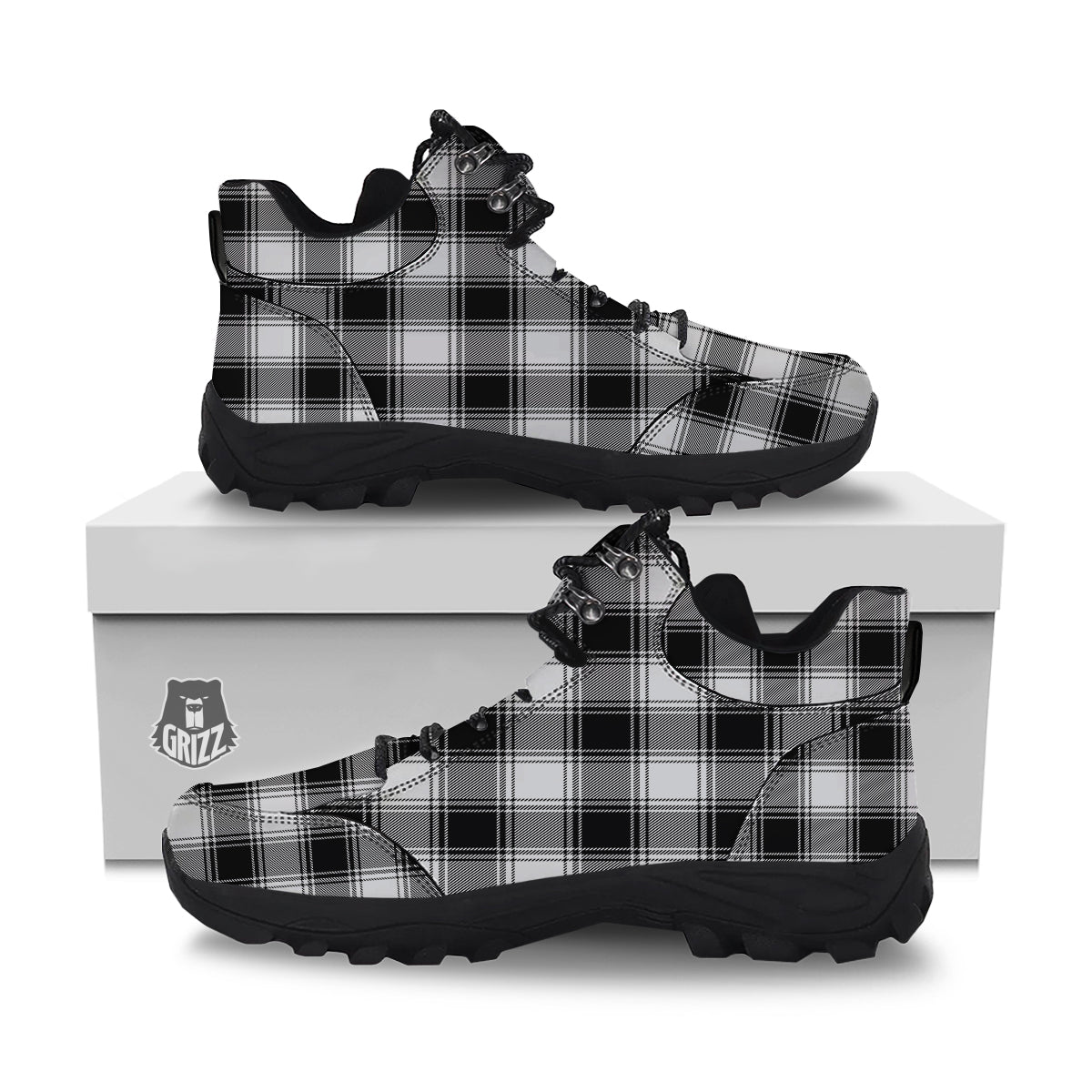 Border Tartan White And Black Print Pattern Hiking Shoes-grizzshop
