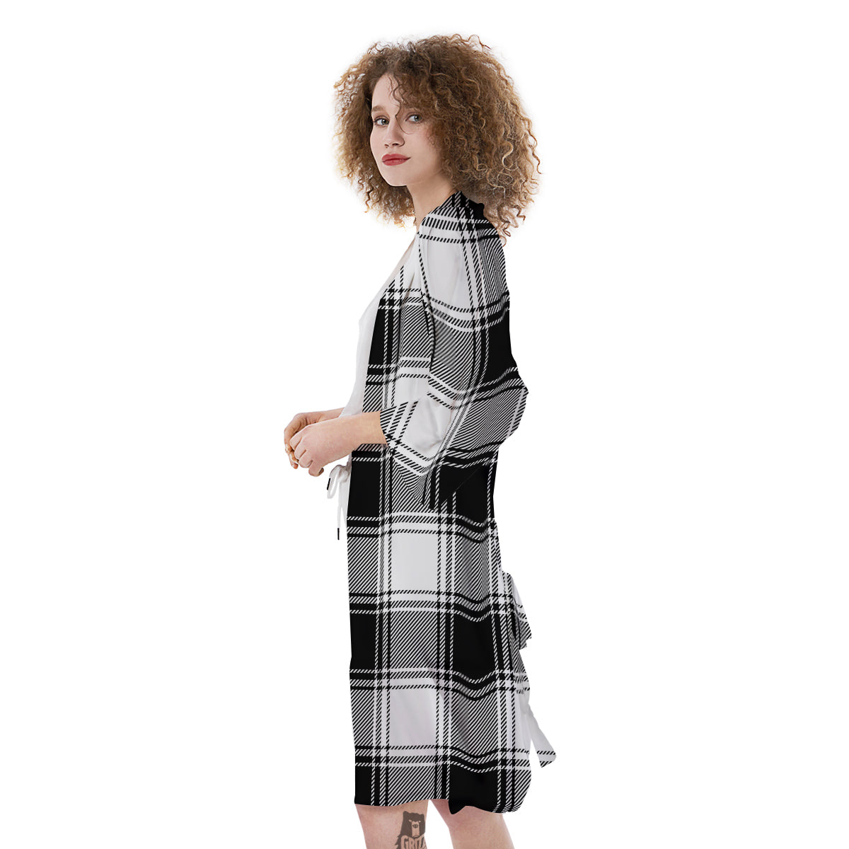 Border Tartan White And Black Print Pattern Kimono-grizzshop