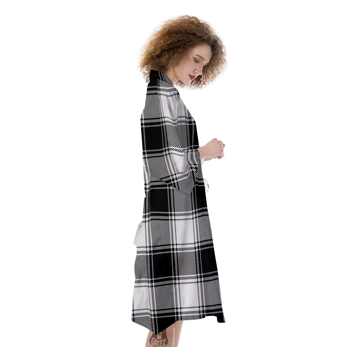 Border Tartan White And Black Print Pattern Kimono-grizzshop