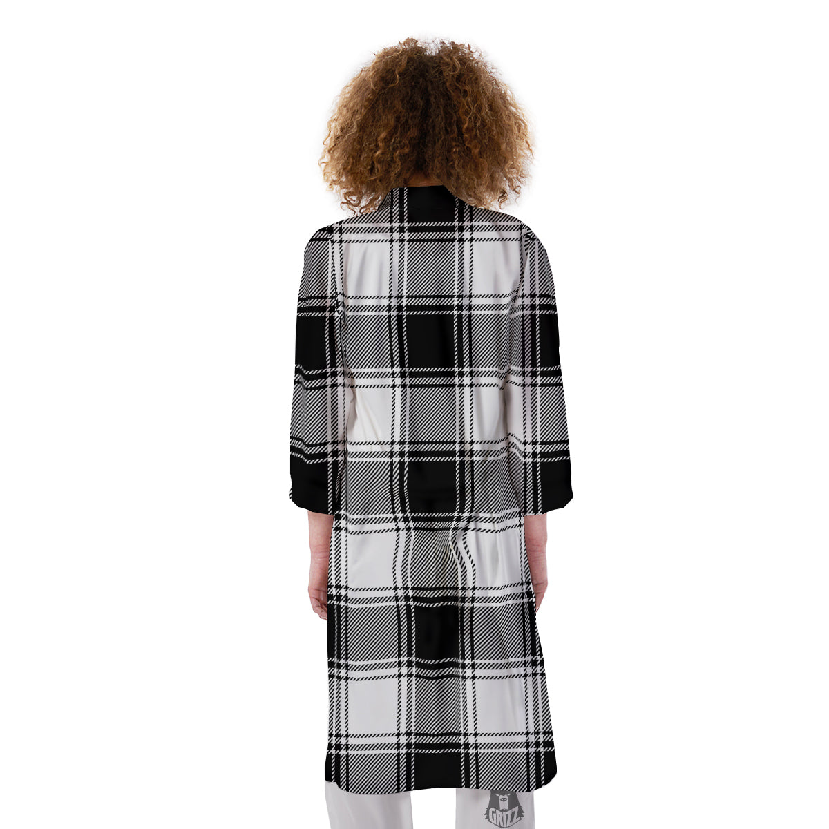 Border Tartan White And Black Print Pattern Kimono-grizzshop