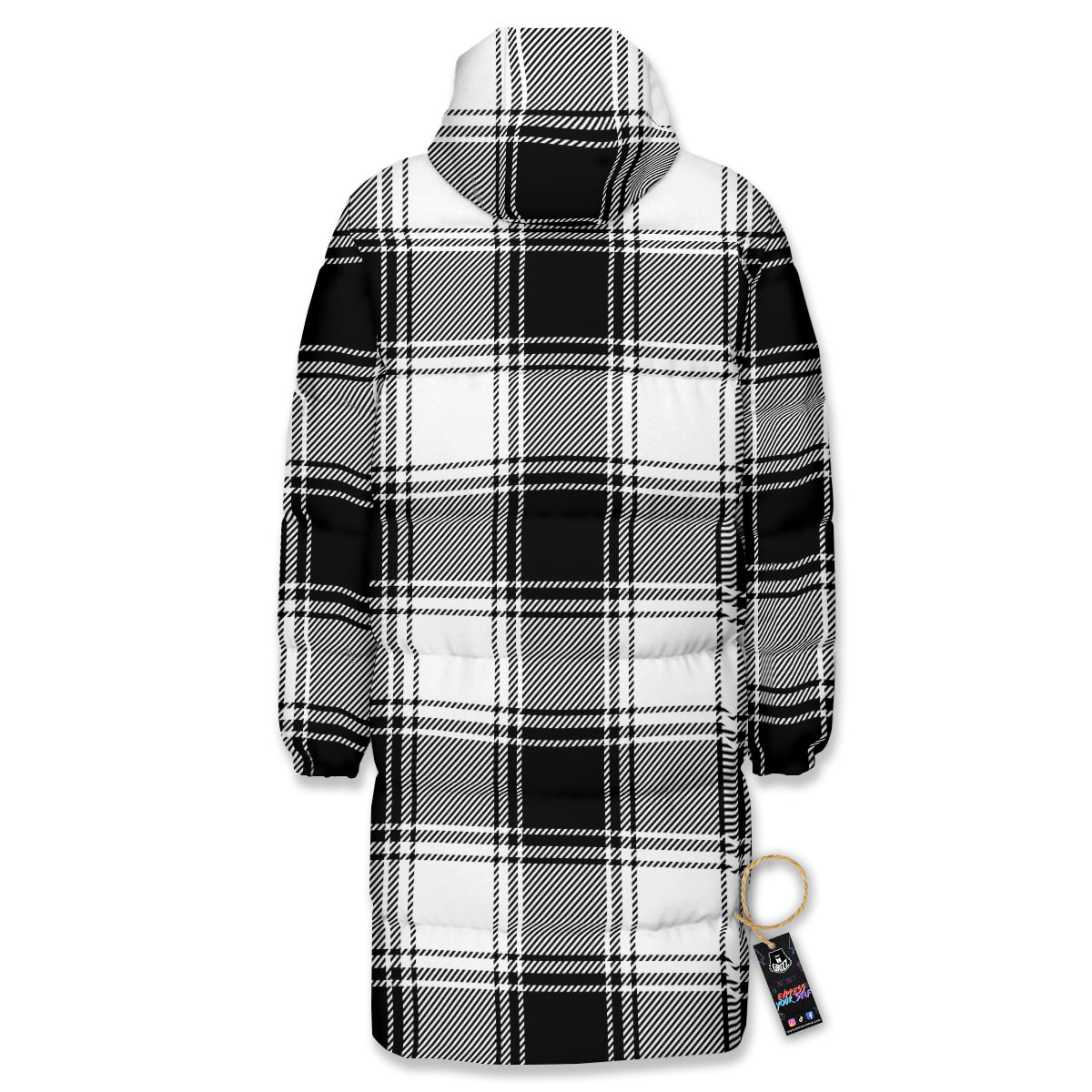 Border Tartan White And Black Print Pattern Long Down Jacket-grizzshop