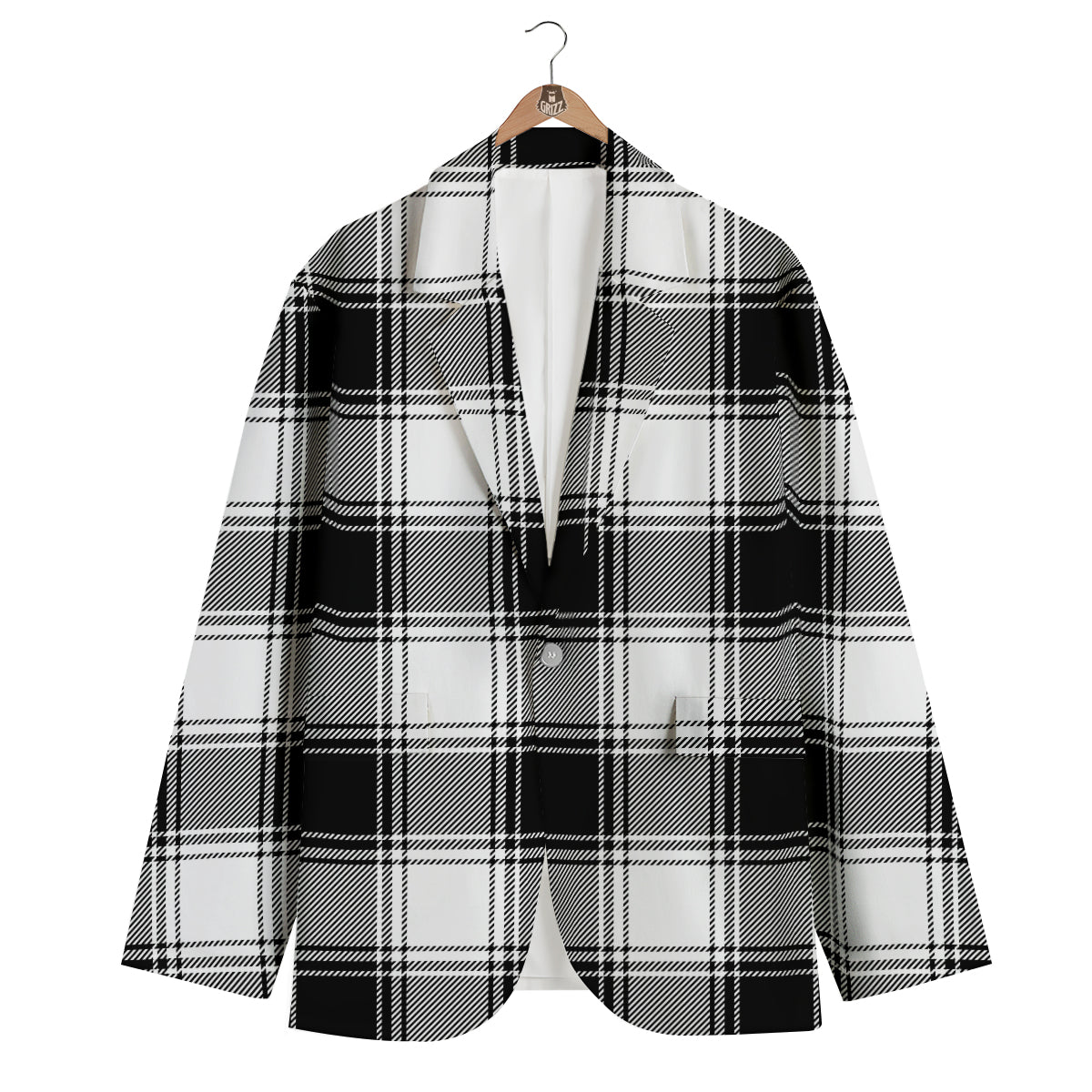 Border Tartan White And Black Print Pattern Men's Blazer-grizzshop