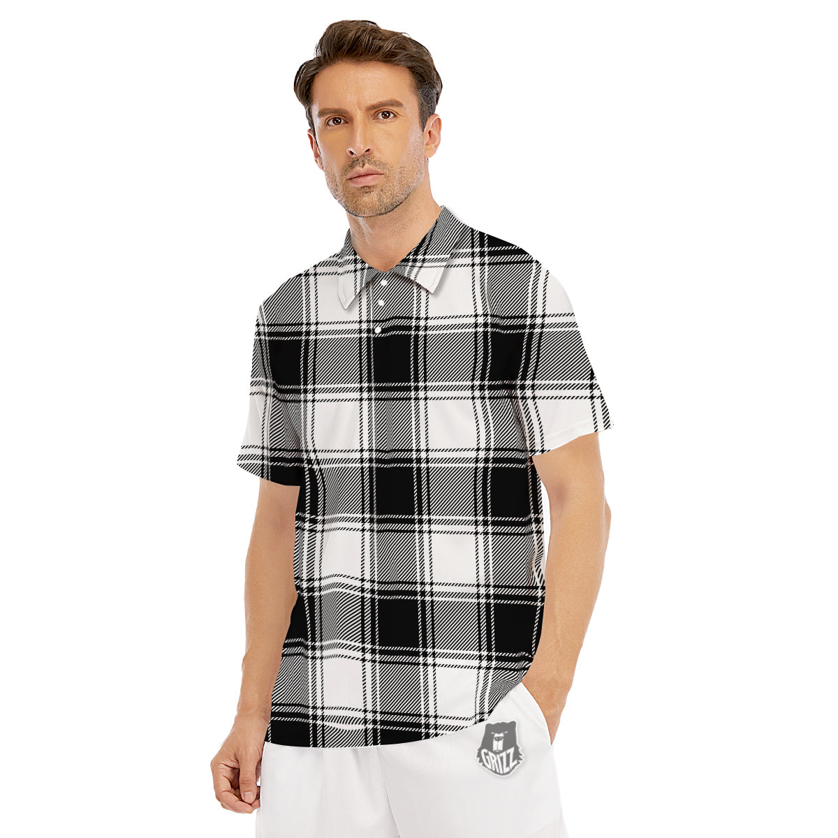 Border Tartan White And Black Print Pattern Men's Golf Shirts-grizzshop