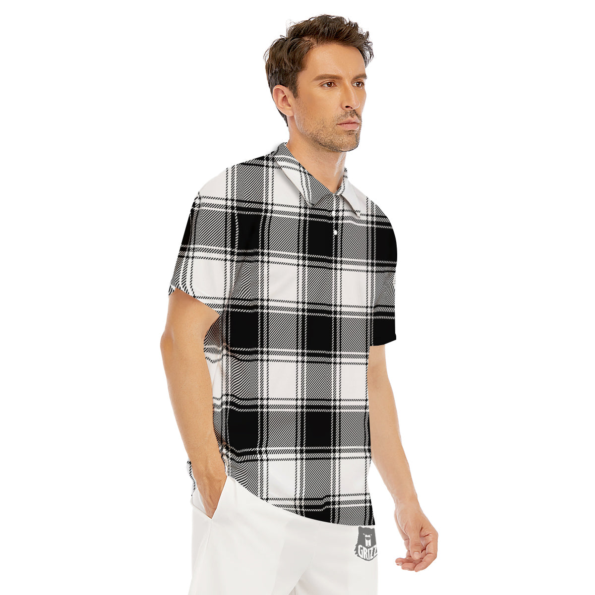 Border Tartan White And Black Print Pattern Men's Golf Shirts-grizzshop