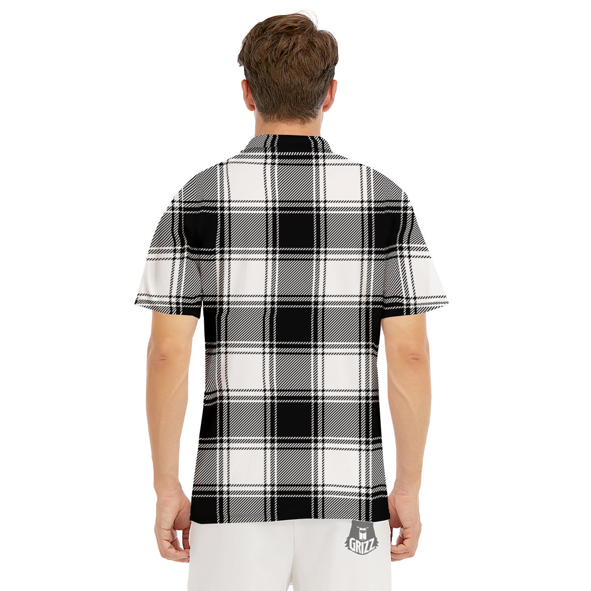 Border Tartan White And Black Print Pattern Men's Golf Shirts-grizzshop