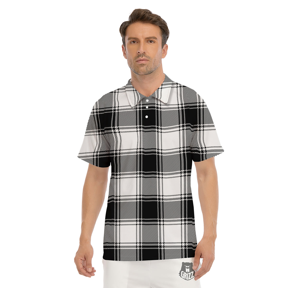 Border Tartan White And Black Print Pattern Men's Golf Shirts-grizzshop