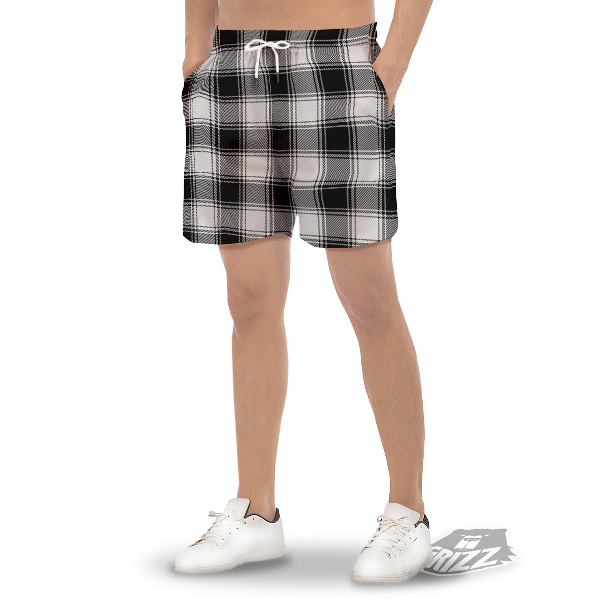 Border Tartan White And Black Print Pattern Men's Gym Shorts-grizzshop