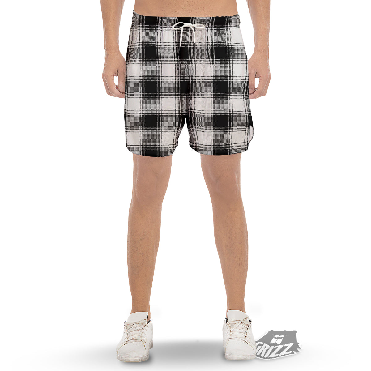 Border Tartan White And Black Print Pattern Men's Gym Shorts-grizzshop