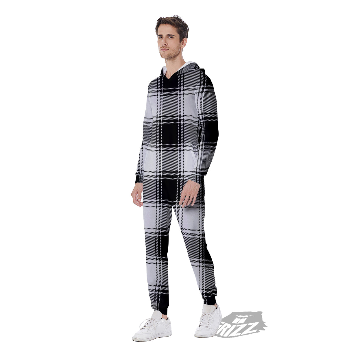 Border Tartan White And Black Print Pattern Men's Jumpsuit-grizzshop