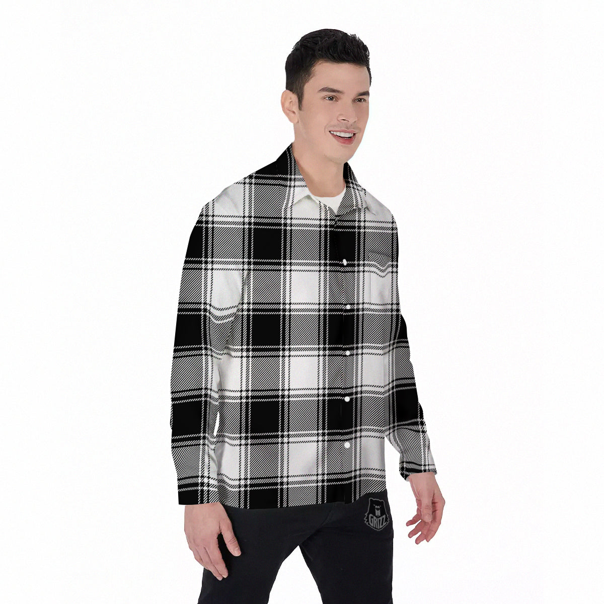 Border Tartan White And Black Print Pattern Men's Long Sleeve Shirts-grizzshop