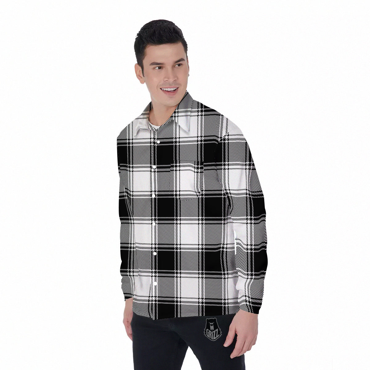 Border Tartan White And Black Print Pattern Men's Long Sleeve Shirts-grizzshop