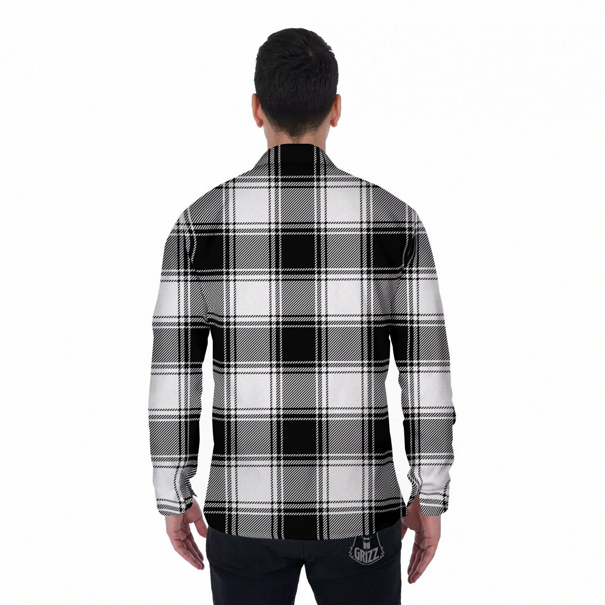Border Tartan White And Black Print Pattern Men's Long Sleeve Shirts-grizzshop