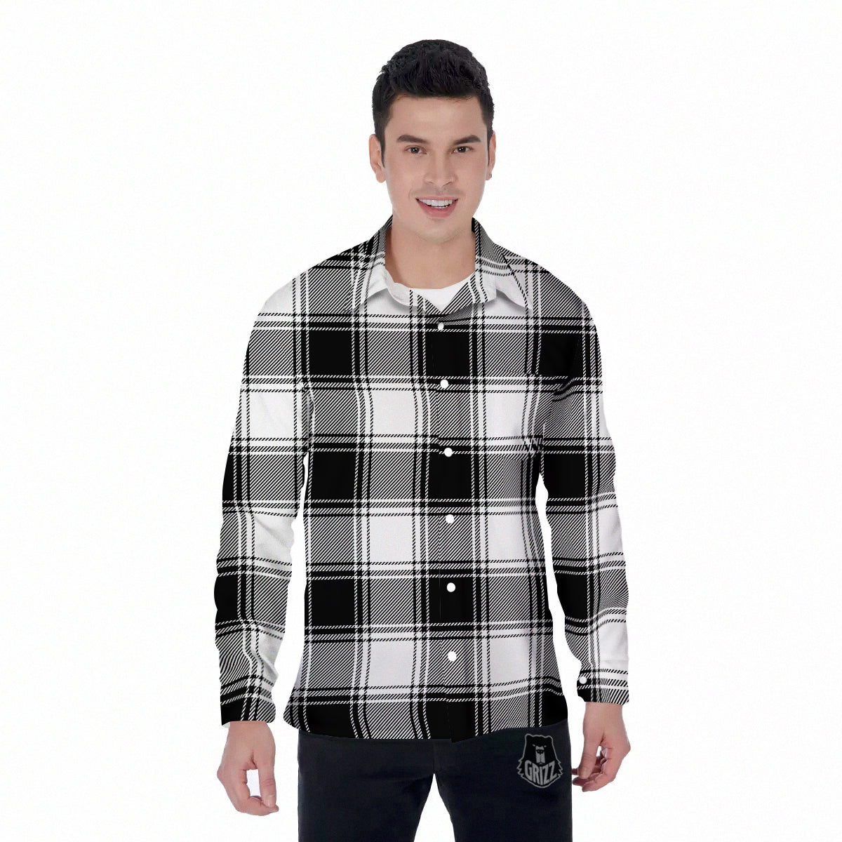 Border Tartan White And Black Print Pattern Men's Long Sleeve Shirts-grizzshop