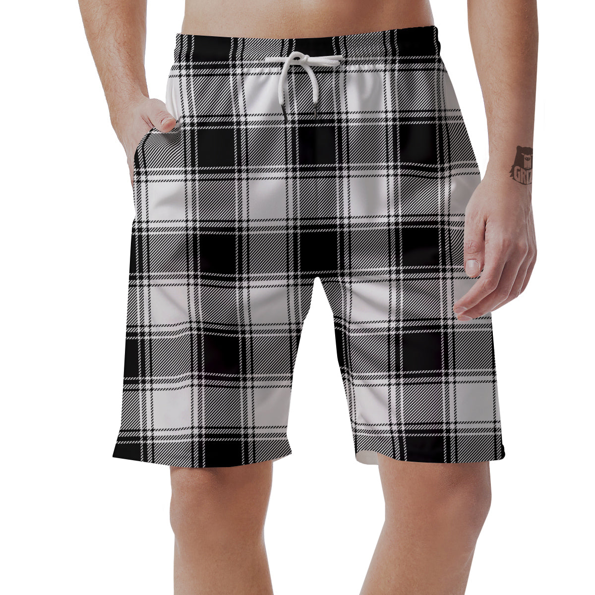 Border Tartan White And Black Print Pattern Men's Shorts-grizzshop