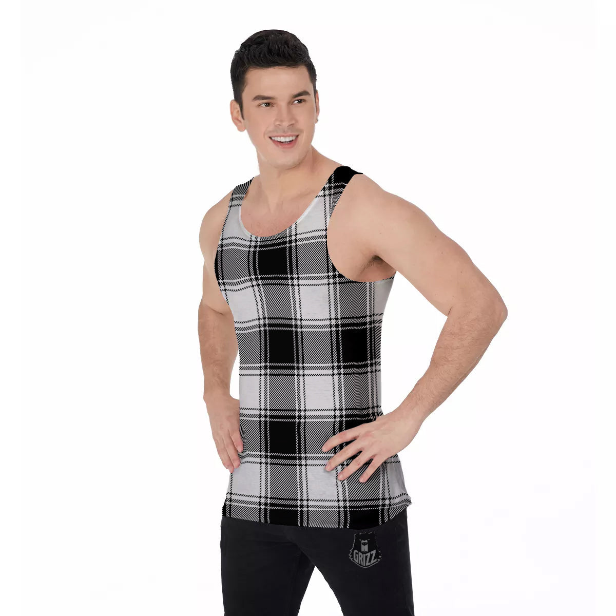 Border Tartan White And Black Print Pattern Men's Tank Top-grizzshop