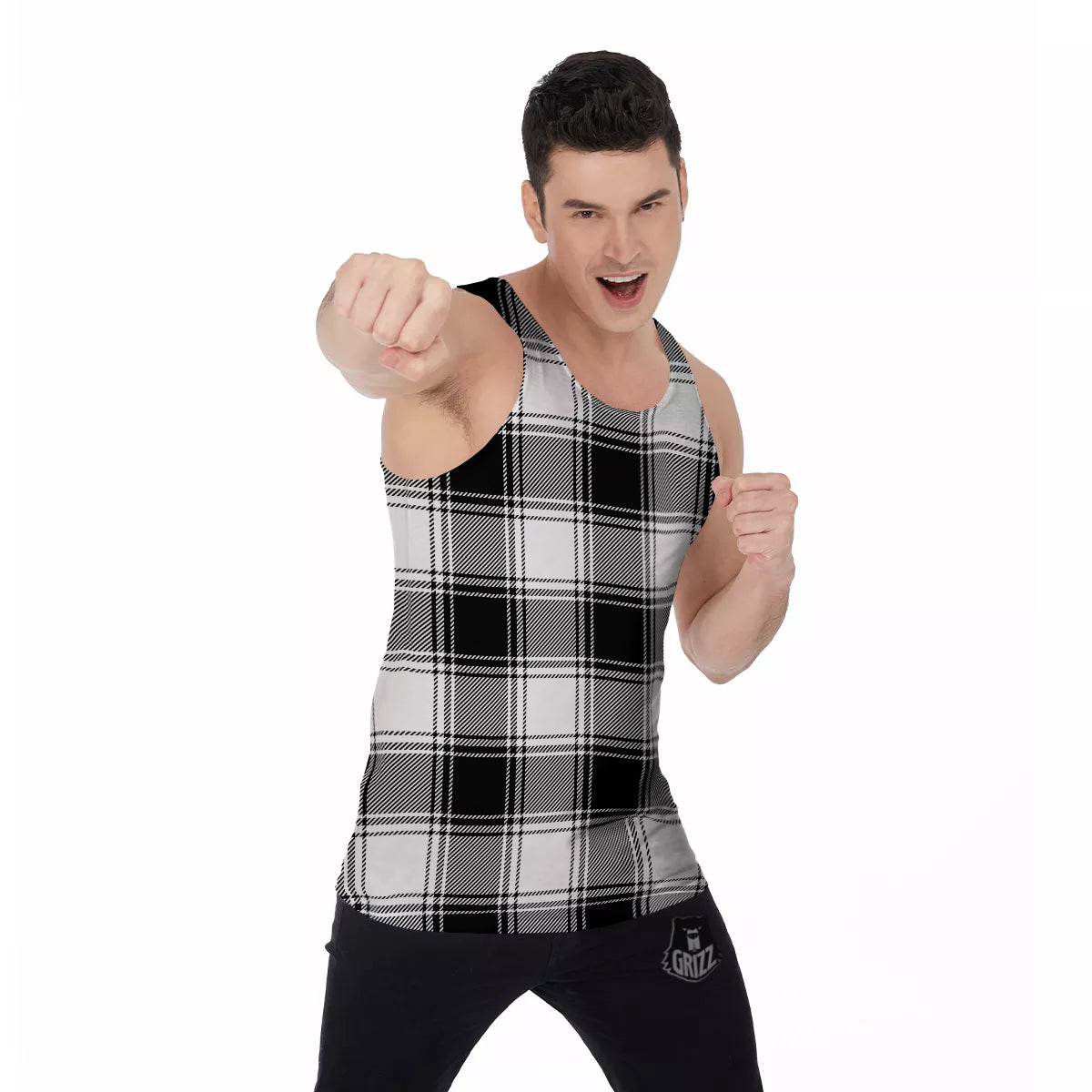 Border Tartan White And Black Print Pattern Men's Tank Top-grizzshop