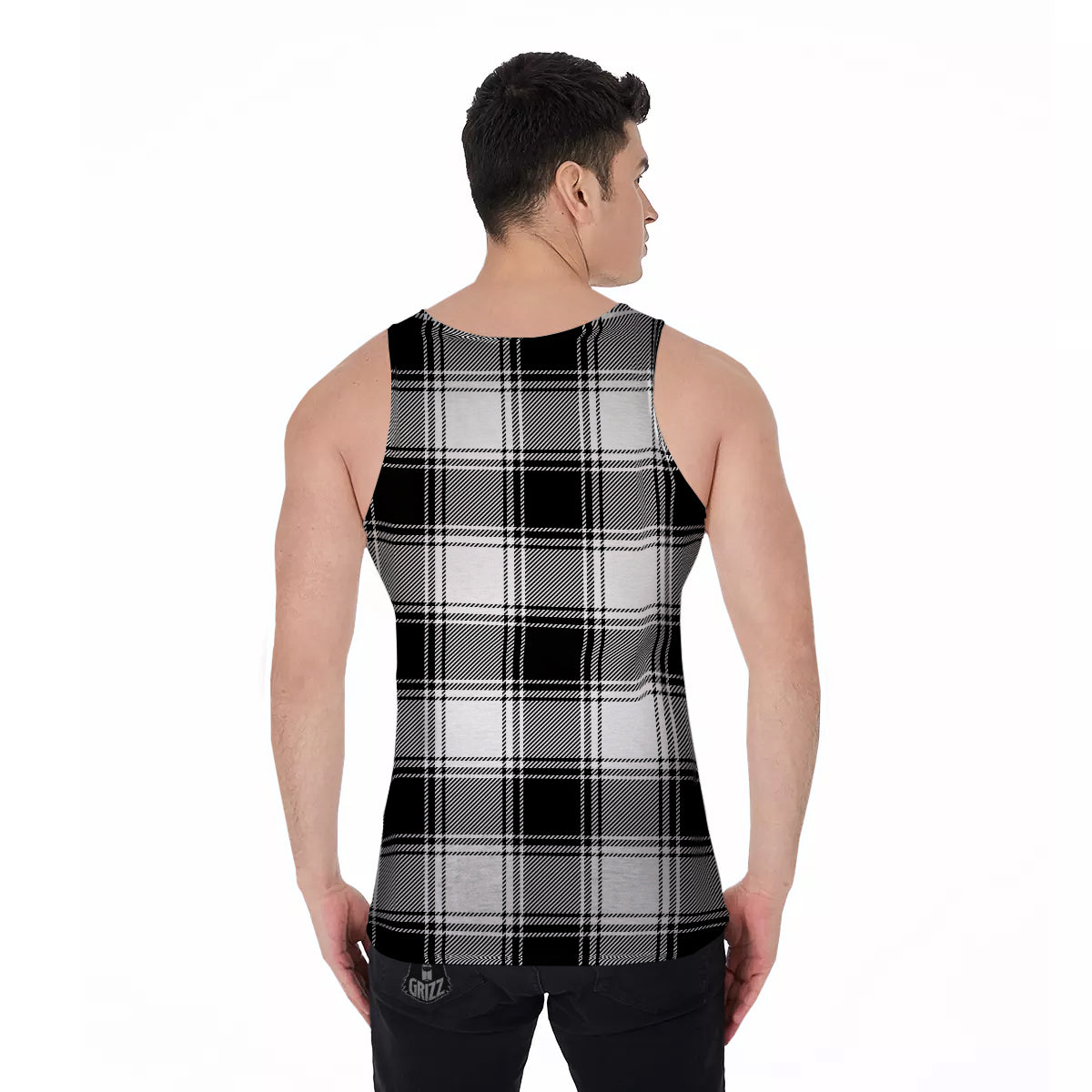 Border Tartan White And Black Print Pattern Men's Tank Top-grizzshop