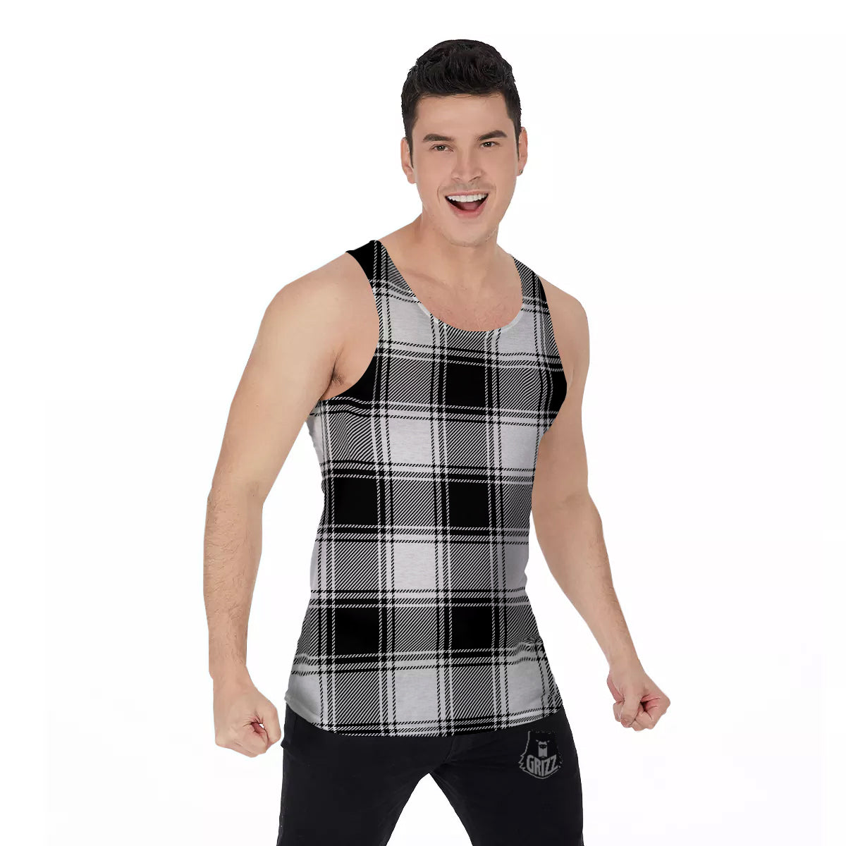 Border Tartan White And Black Print Pattern Men's Tank Top-grizzshop