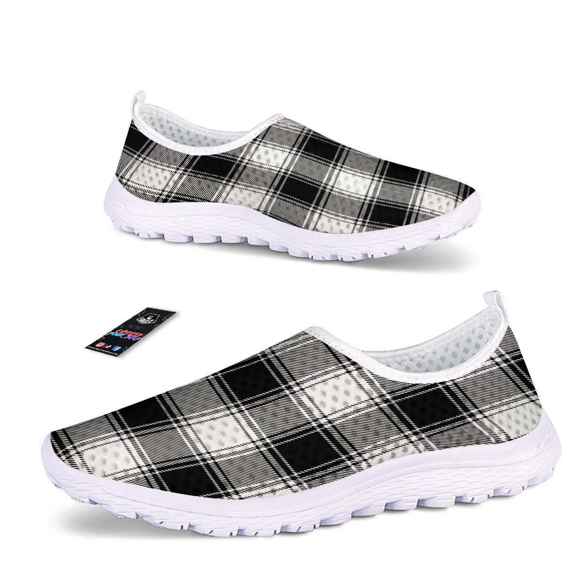 Border Tartan White And Black Print Pattern Nurse Shoes-grizzshop