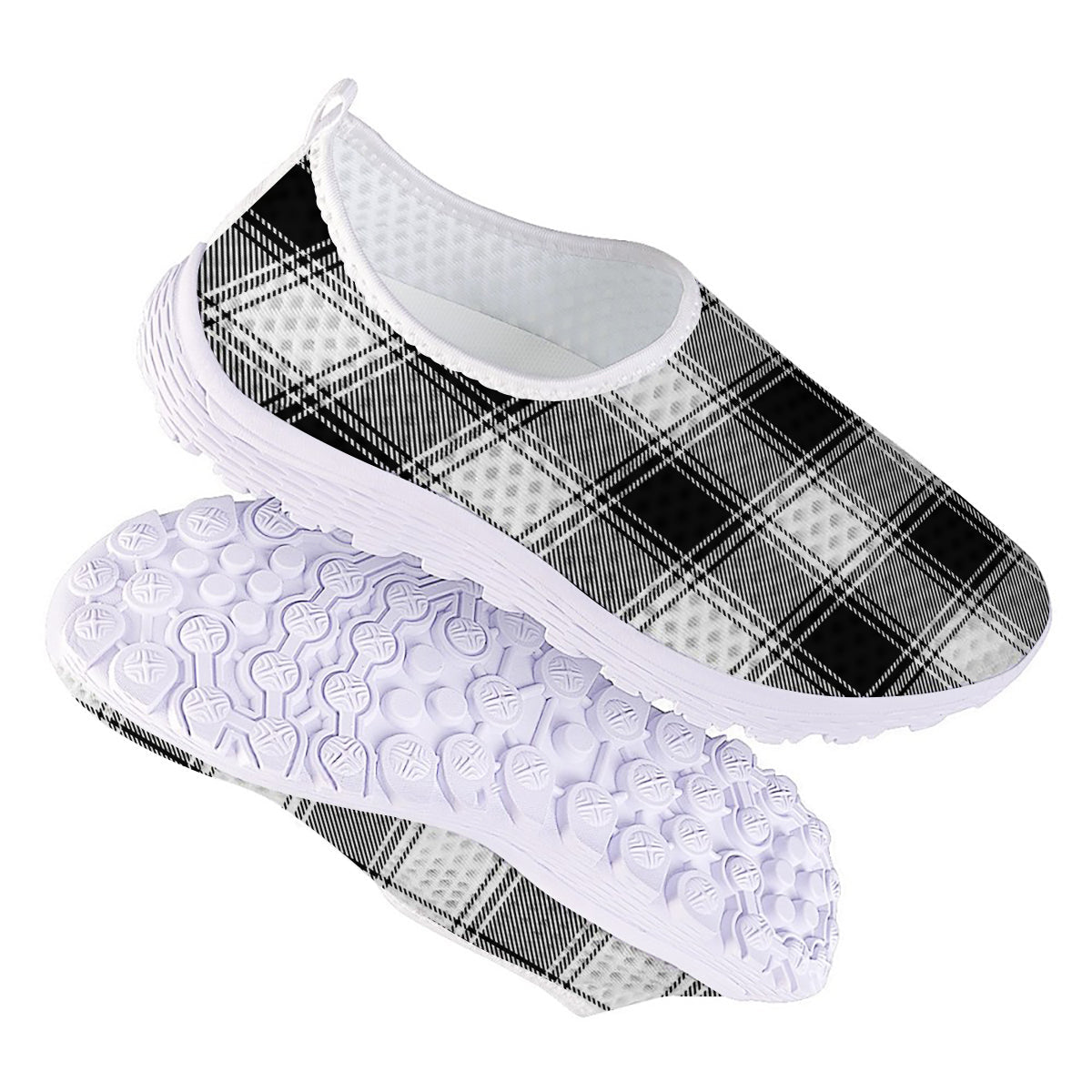 Border Tartan White And Black Print Pattern Nurse Shoes-grizzshop