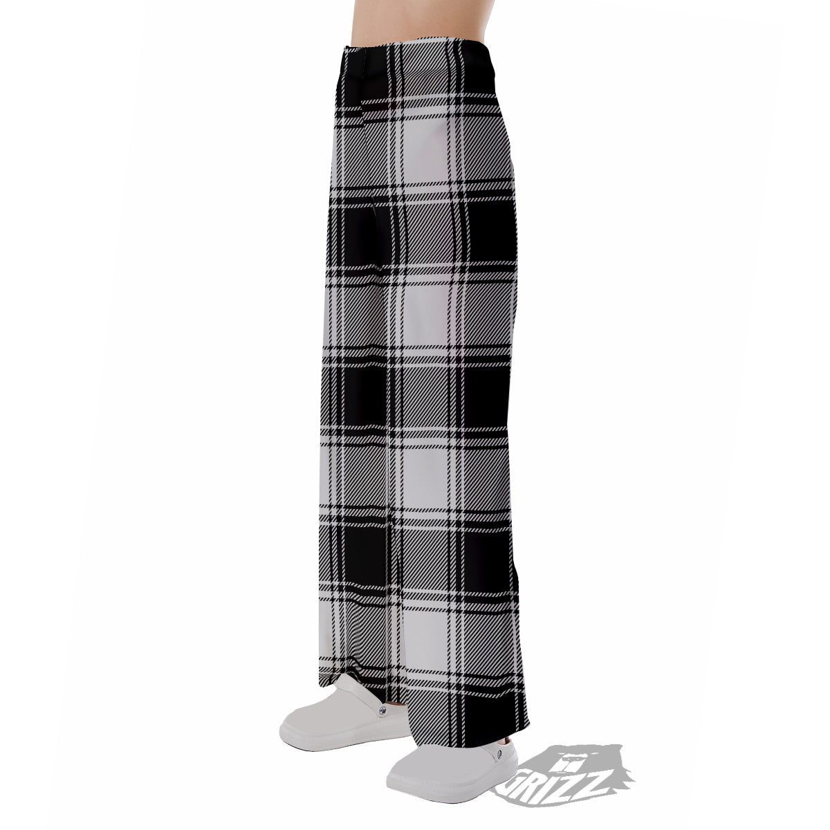Border Tartan White And Black Print Pattern Pajama Pants-grizzshop