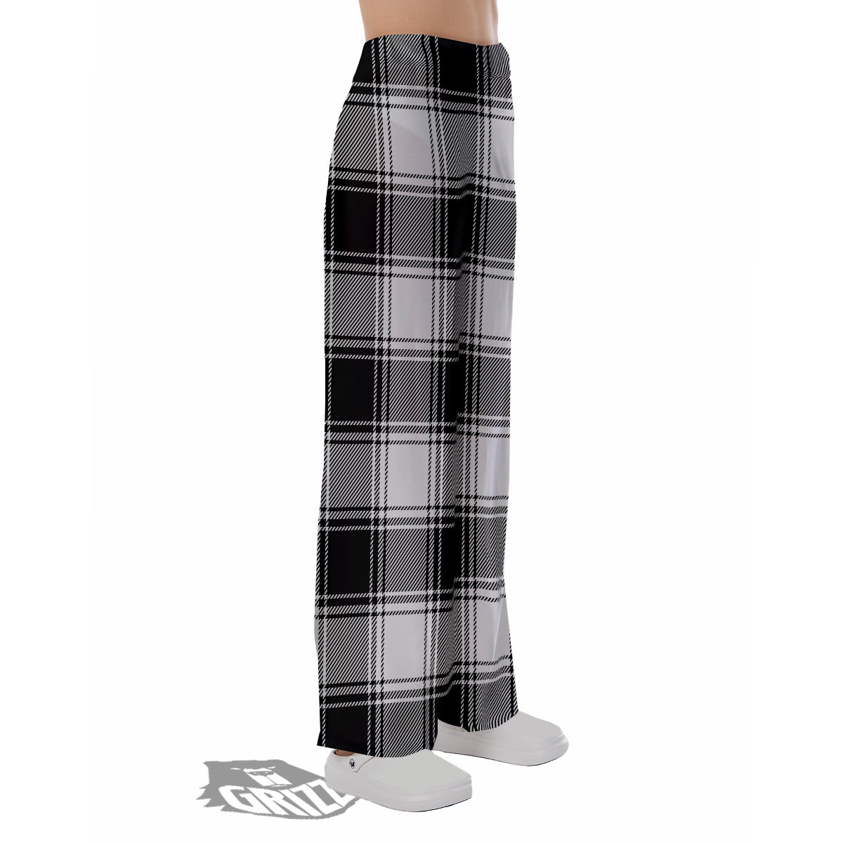 Border Tartan White And Black Print Pattern Pajama Pants-grizzshop