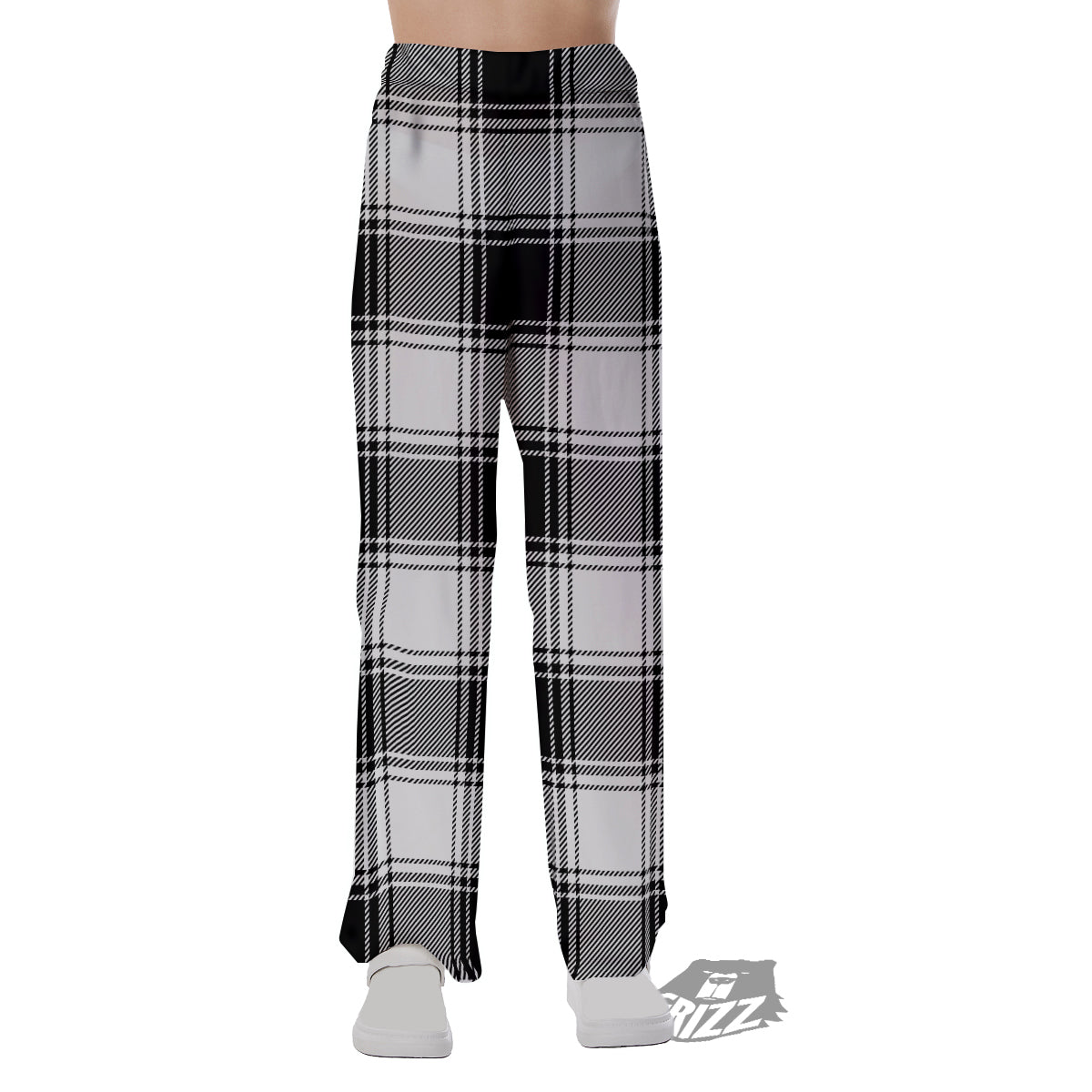Border Tartan White And Black Print Pattern Pajama Pants-grizzshop