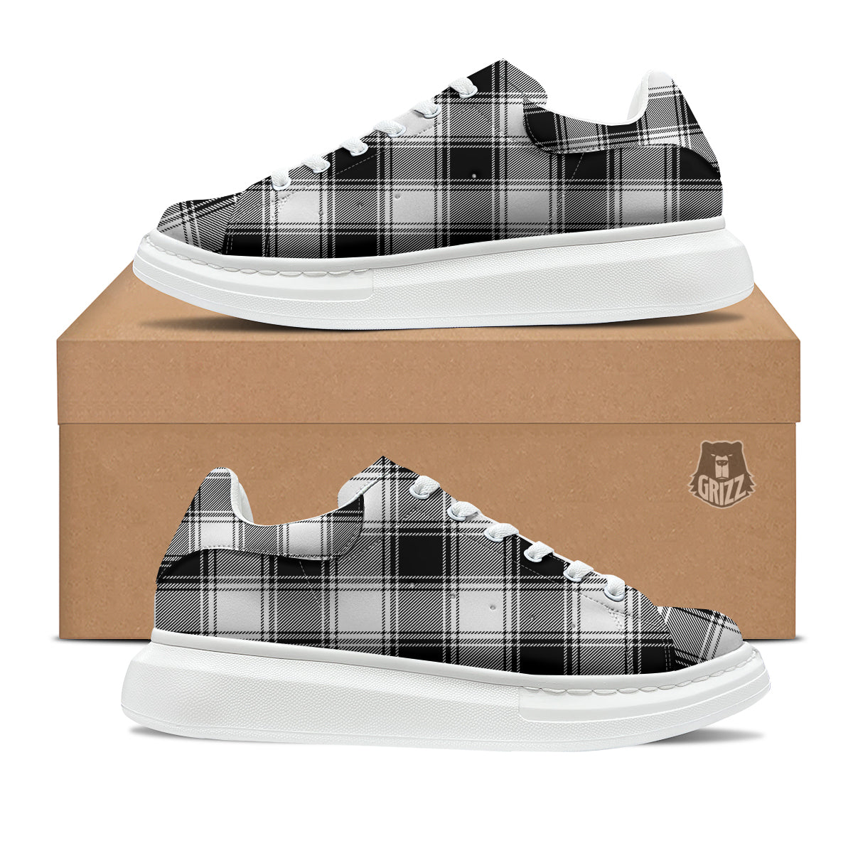 Border Tartan White And Black Print Pattern Platform Shoes-grizzshop