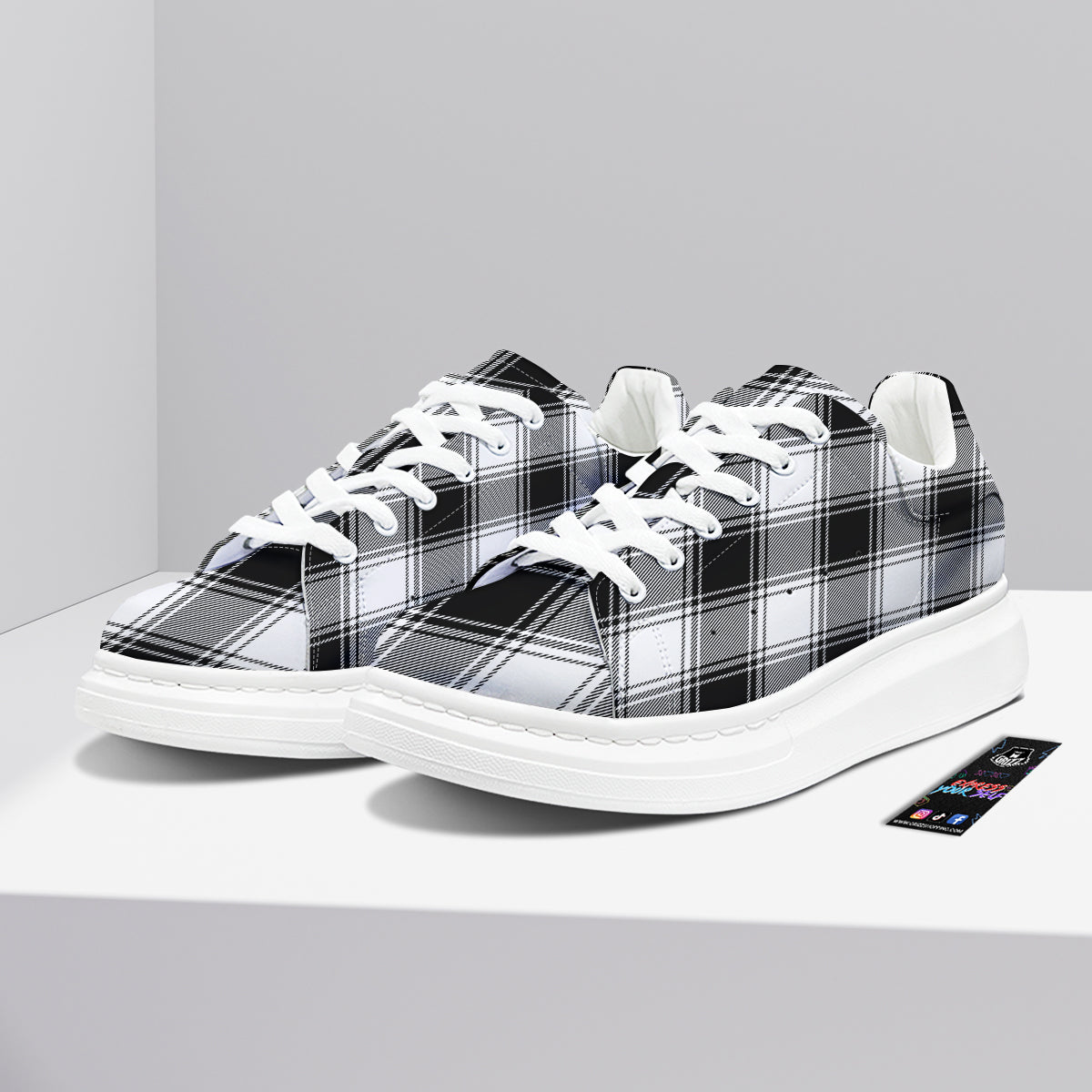 Border Tartan White And Black Print Pattern Platform Shoes-grizzshop
