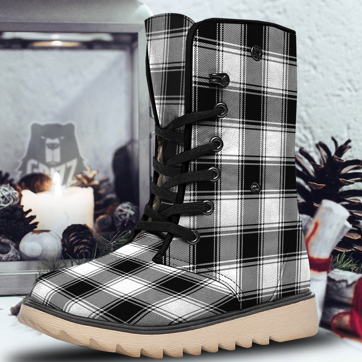 Border Tartan White And Black Print Pattern Snow Boots-grizzshop