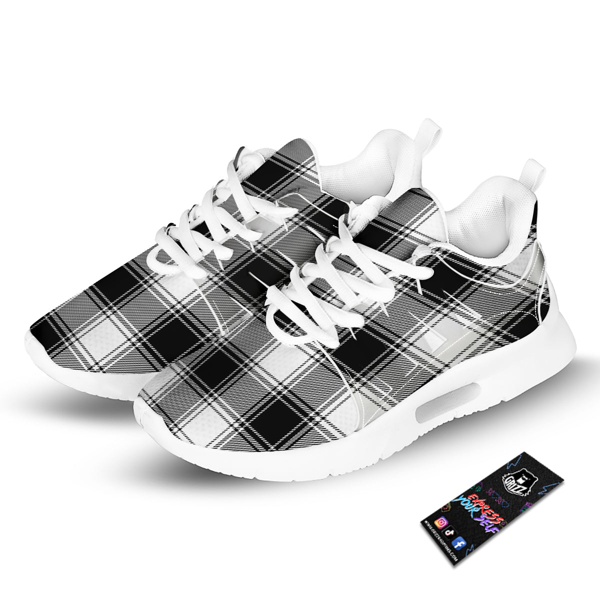 Border Tartan White And Black Print Pattern Tennis Shoes-grizzshop