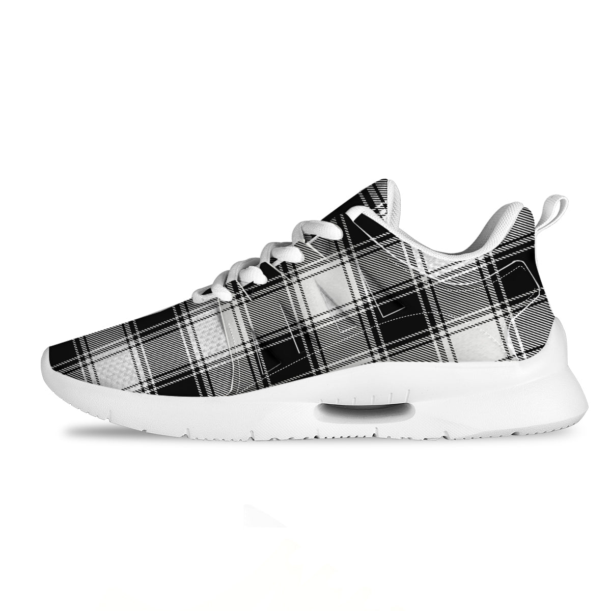 Border Tartan White And Black Print Pattern Tennis Shoes-grizzshop