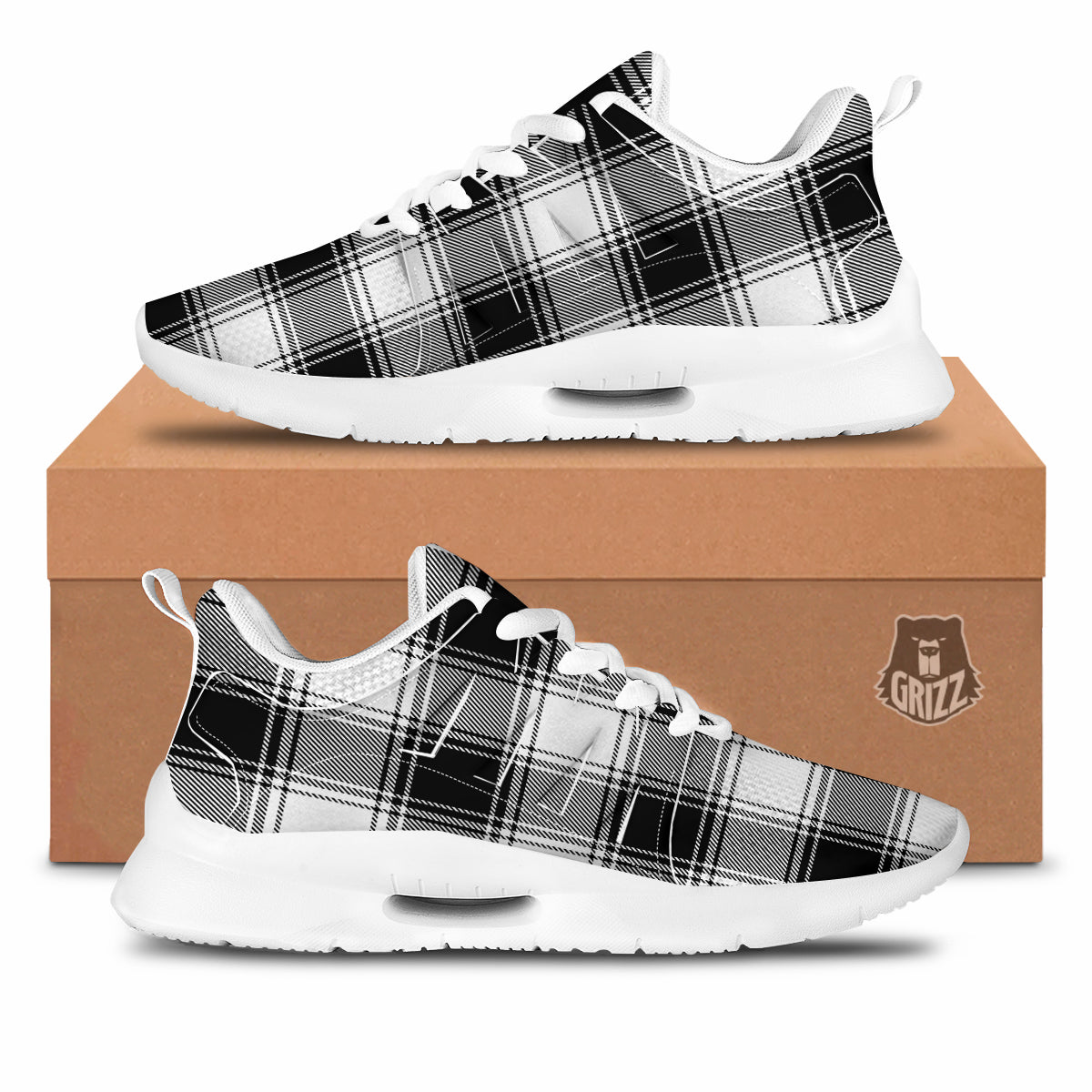 Border Tartan White And Black Print Pattern Tennis Shoes-grizzshop