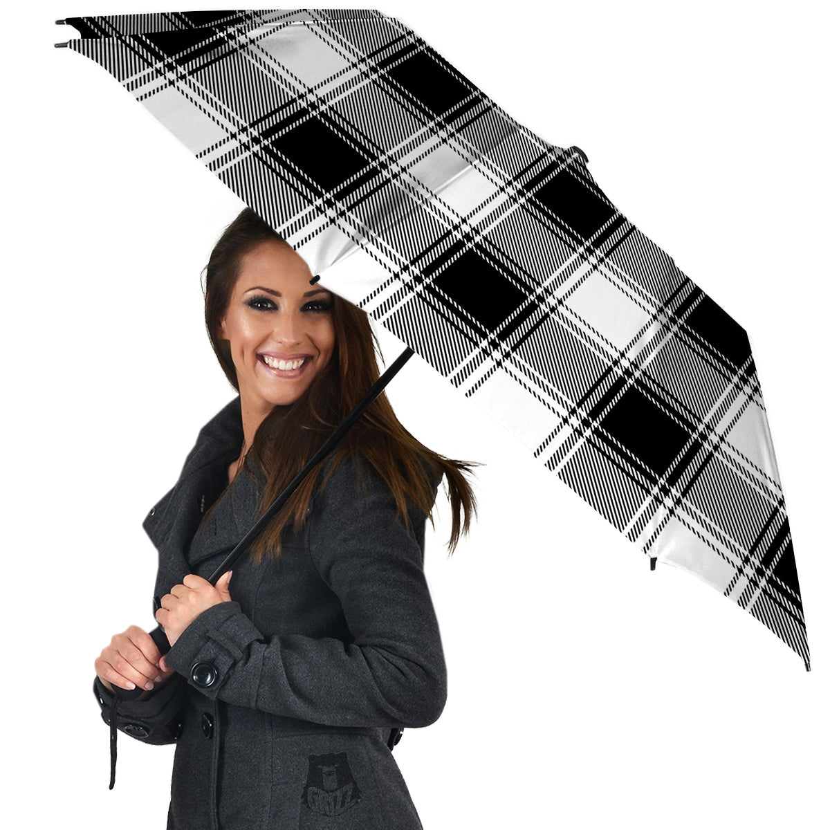 Border Tartan White And Black Print Pattern Umbrella-grizzshop