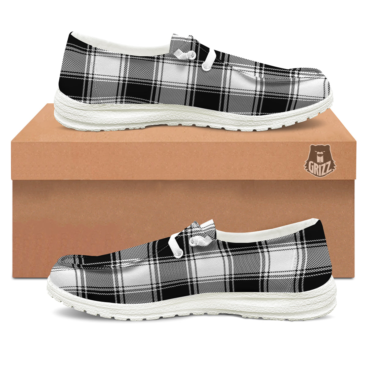 Border Tartan White And Black Print Pattern White Loafers-grizzshop