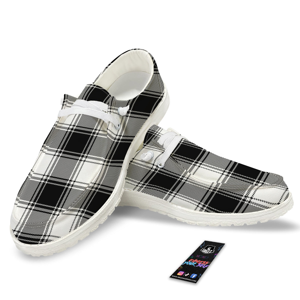 Border Tartan White And Black Print Pattern White Loafers-grizzshop