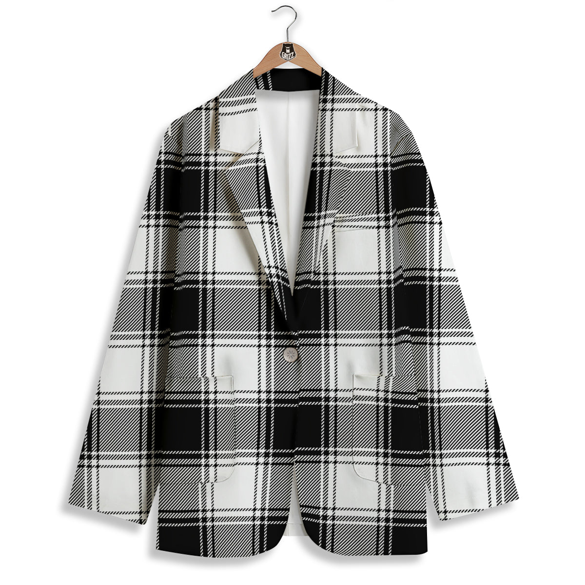 Border Tartan White And Black Print Pattern Women's Blazer-grizzshop