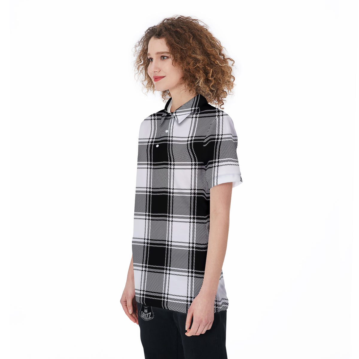 Border Tartan White And Black Print Pattern Women's Golf Shirts-grizzshop
