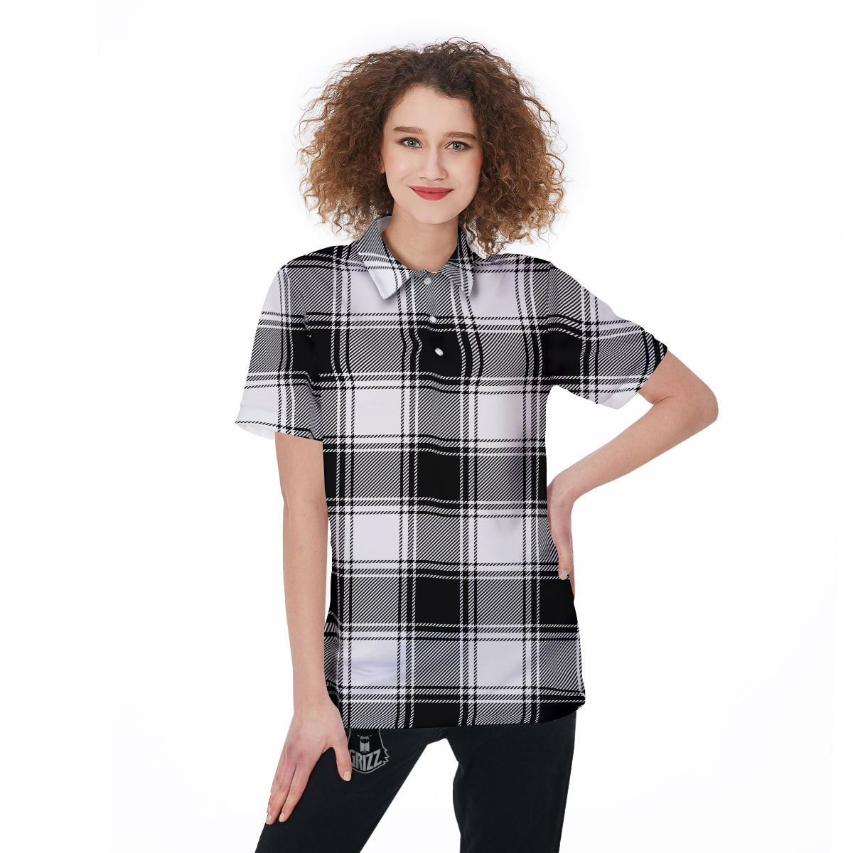 Border Tartan White And Black Print Pattern Women's Golf Shirts-grizzshop