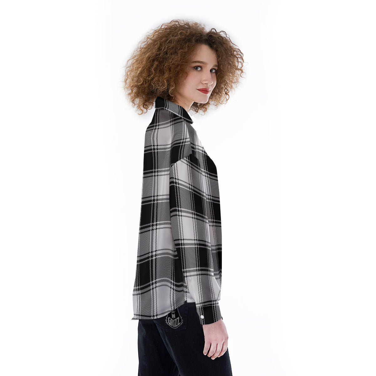 Border Tartan White And Black Print Pattern Women's Long Sleeve Shirts-grizzshop