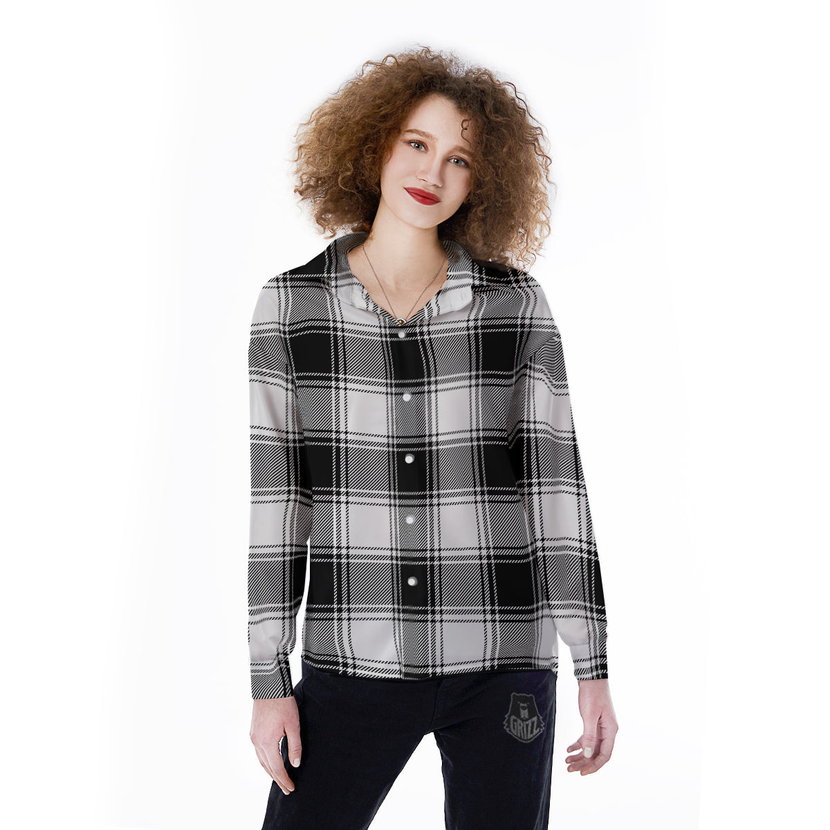 Border Tartan White And Black Print Pattern Women's Long Sleeve Shirts-grizzshop