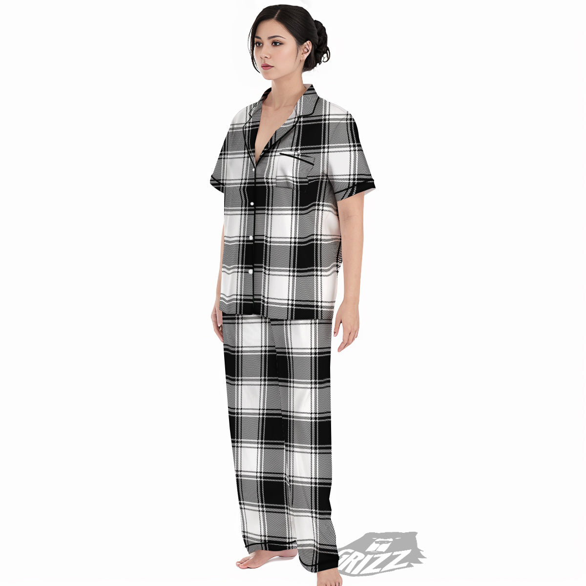 Border Tartan White And Black Print Pattern Women's Pajamas Set-grizzshop