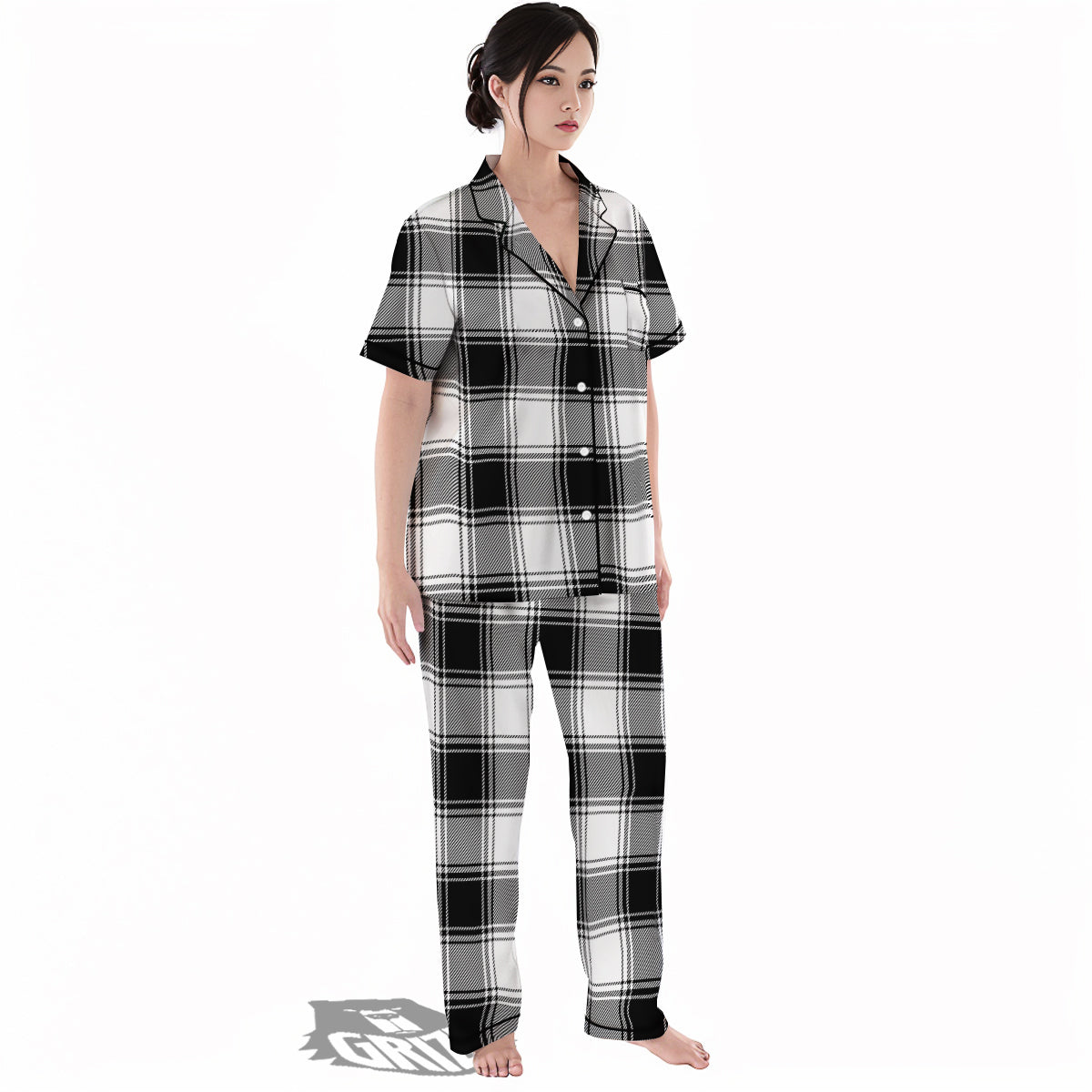 Border Tartan White And Black Print Pattern Women's Pajamas Set-grizzshop