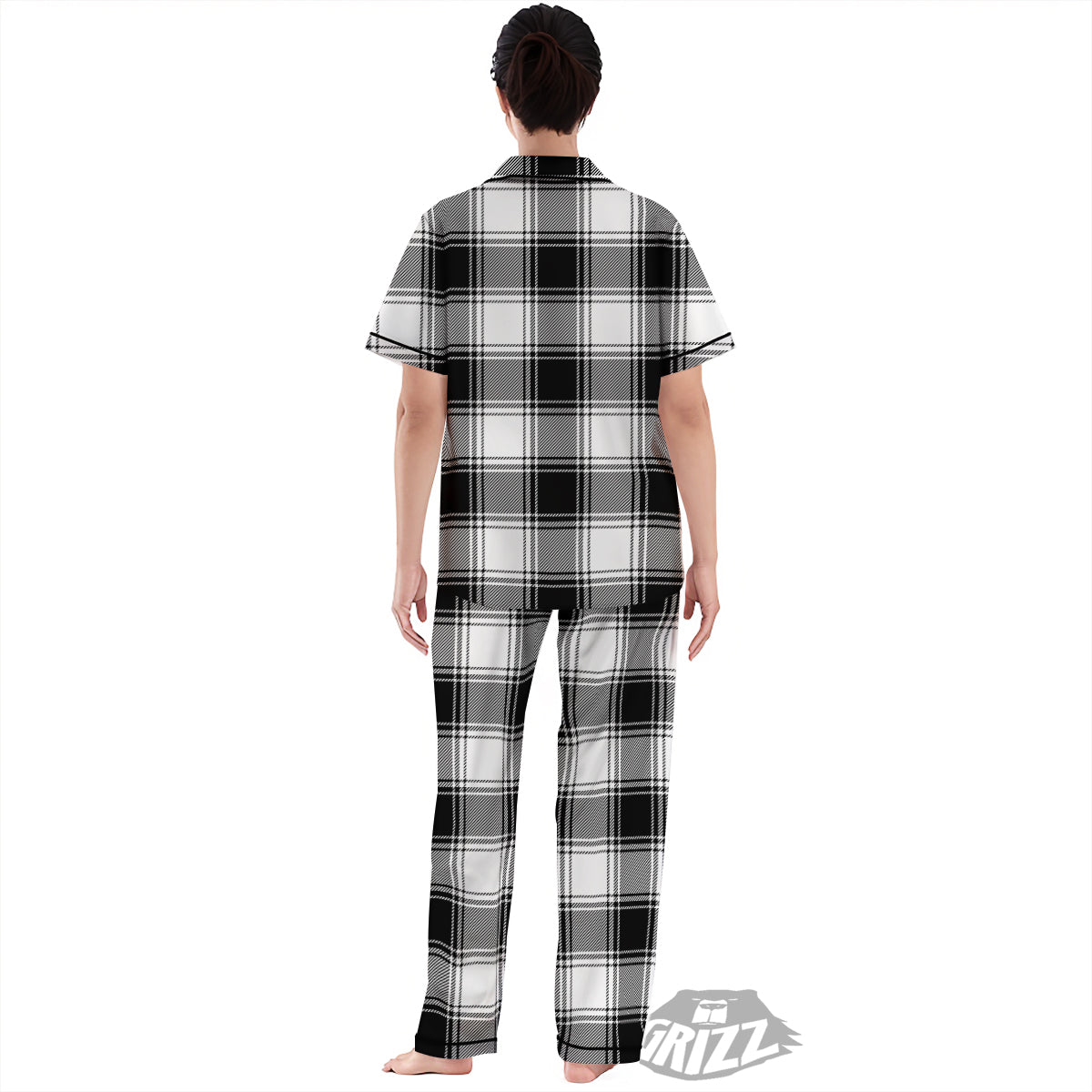 Border Tartan White And Black Print Pattern Women's Pajamas Set-grizzshop