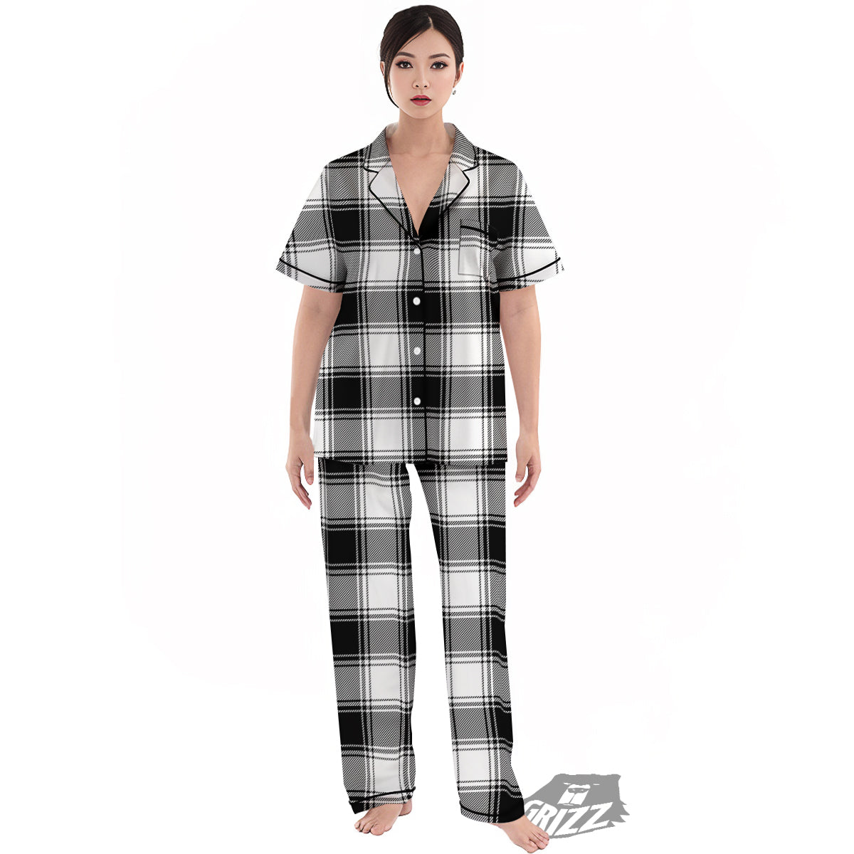 Border Tartan White And Black Print Pattern Women's Pajamas Set-grizzshop